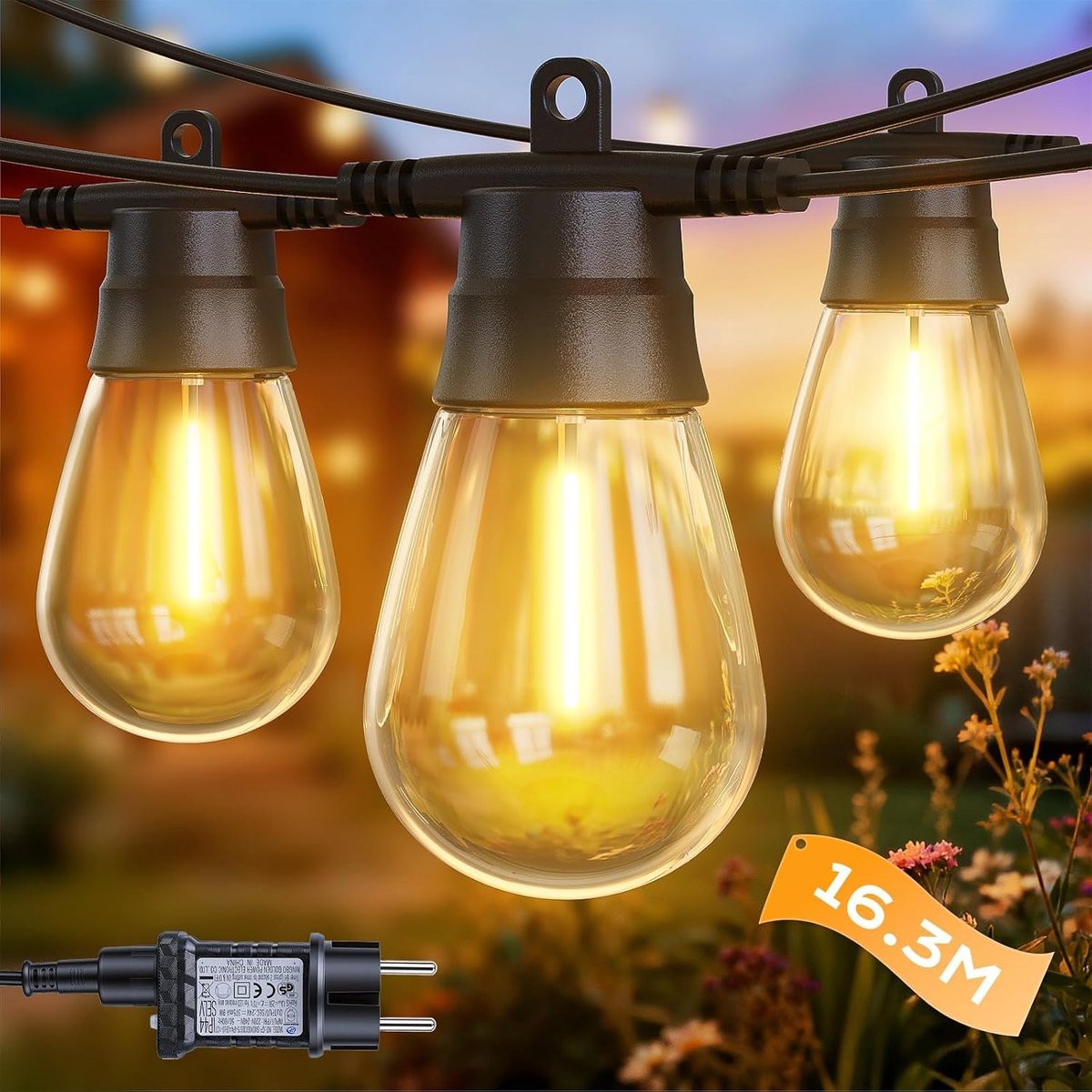 Lichtsnoer 16,3m - 15+2 Lampen S14 - IP65 Waterdicht - 8 Standen - Warmwit - Binnen en Buiten