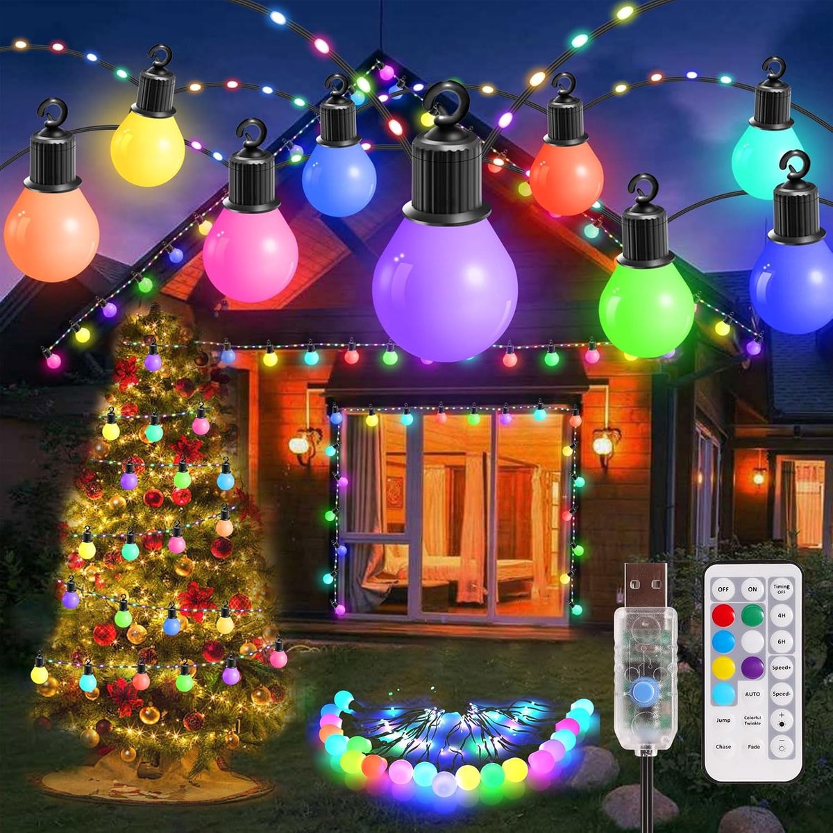 Lichtsnoer 12,5m - 100 LED G40 - USB - IP65 Waterdicht - 12 Standen - RGB meerkleurig - Halloween