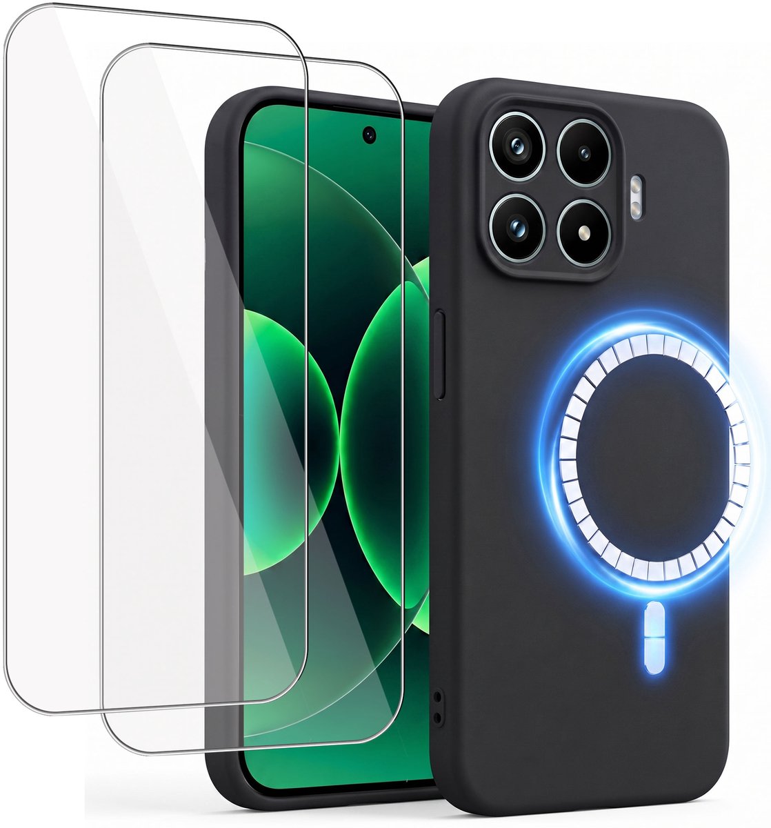 Hoesje + 2x Screenprotector geschikt voor Xiaomi 17T Pro - Hoesje geschikt voor Magsafe - Draadloos opladen - Gehard Glas – Zwart