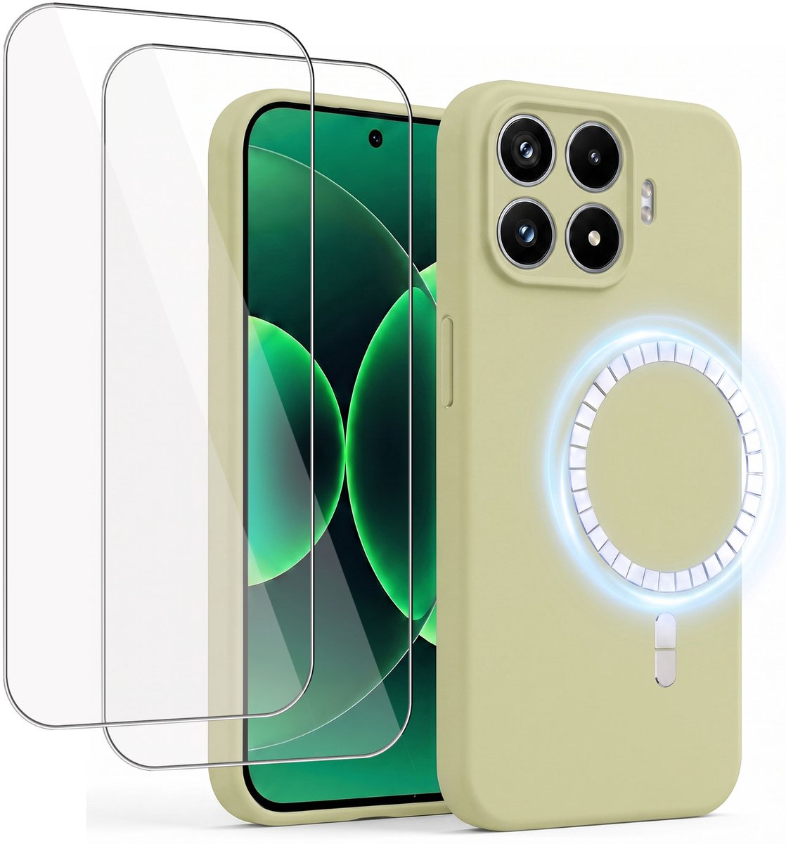 Hoesje + 2x Screenprotector geschikt voor Xiaomi 17T - Hoesje geschikt voor Magsafe - Draadloos opladen - Gehard Glas - Salie Groen