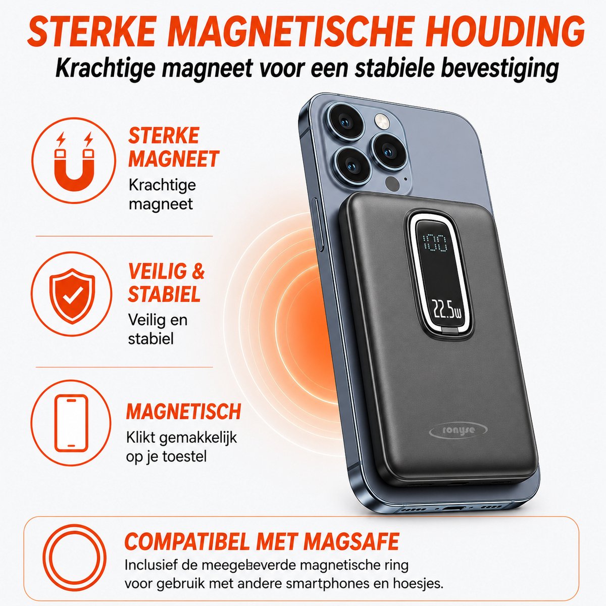 Ronyse Powerbank 20.000 mAh Magnetisch met Draadloos Opladen - afbeelding 2