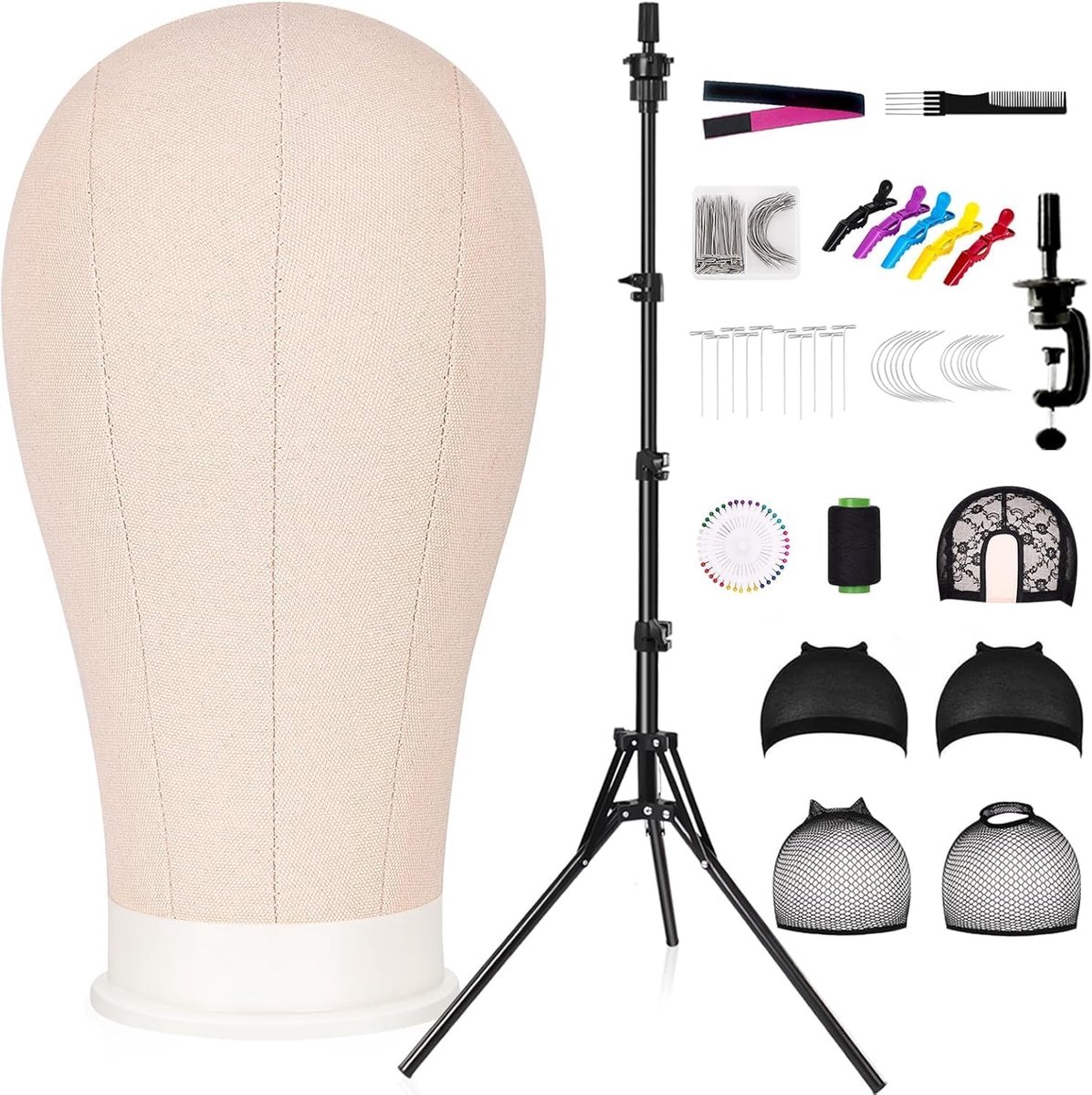 Pruikenkop met Standaard – Oefenhoofd voor Pruiken Maken en Haarstyling – Mannequin Hoofd 22 Inch met Tafelstandaard, Statief en Accessoires – Kappershoofd voor Vlechten, Knippen en Stylen – Beige