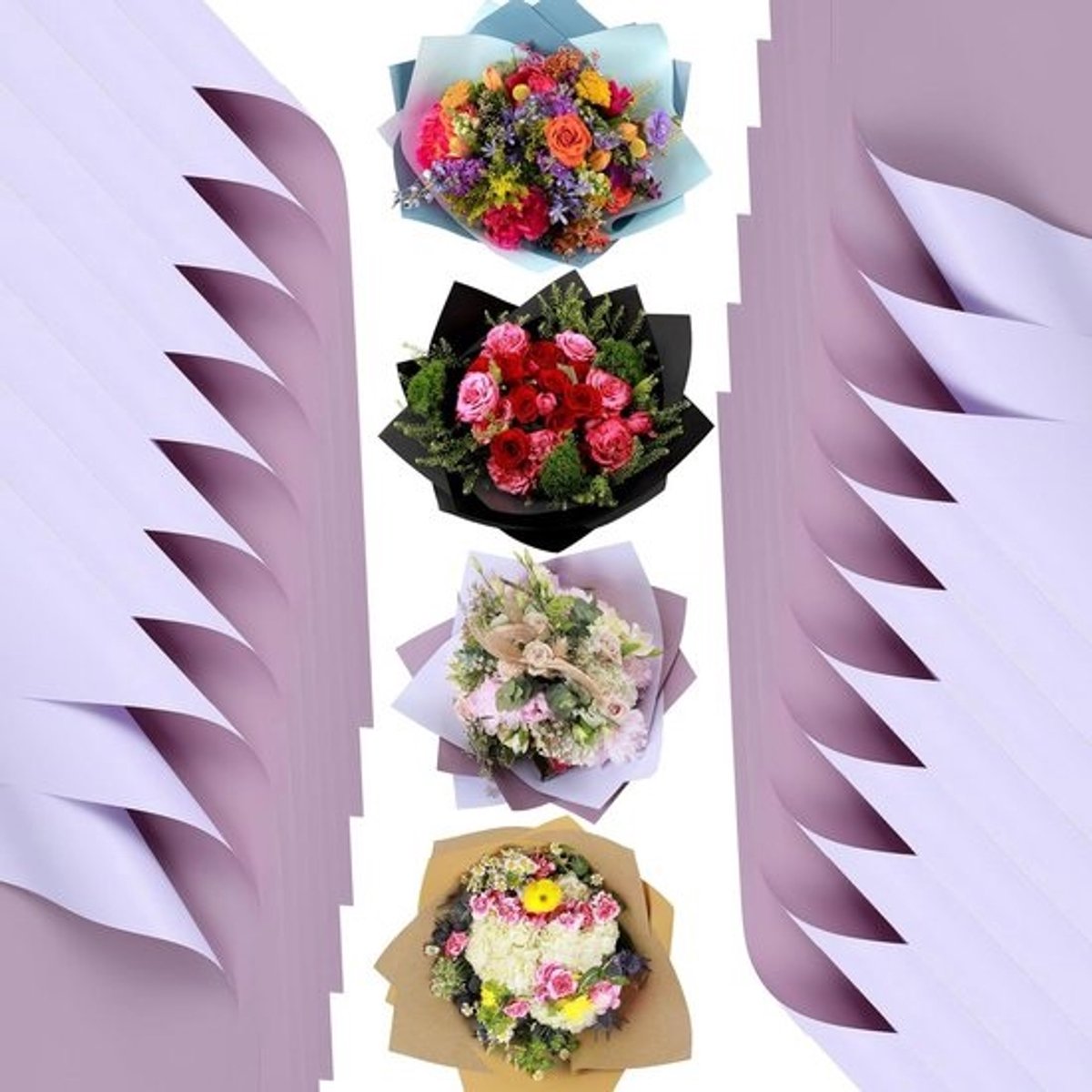 Bloemen Inpakpapier - Cadeaupapier Vellen - Bloemen Verpakken - Dubbelzijdig Ontwerp - 58 x 58 cm - Lila