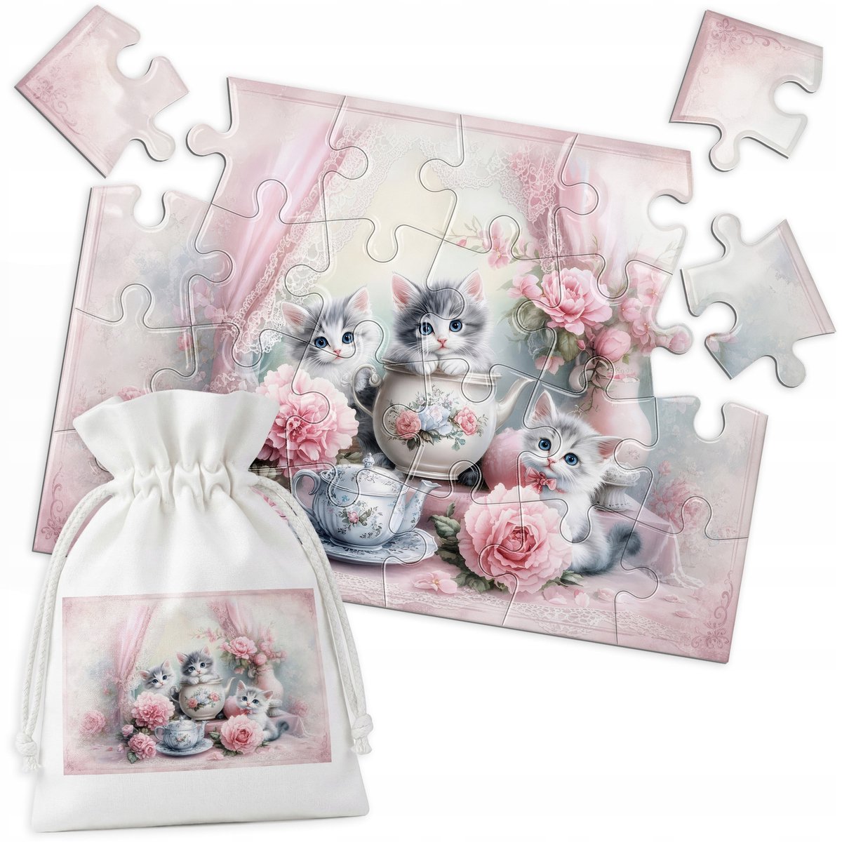 Traditionele Puzzel: Drie Kittens met Rozen - 24 Stukjes