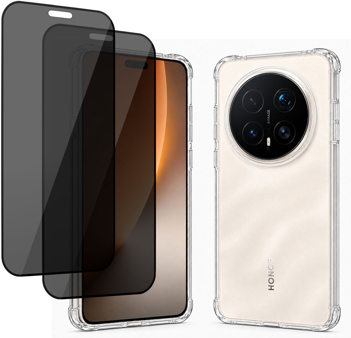 Hoesje + 2x Privacy screenprotector geschikt voor Honor Magic 8 Pro - Luchtkussens - Siliconen Hoes - Gehard Glas - Transparant - geschikt voor Honor Magic 8 Pro