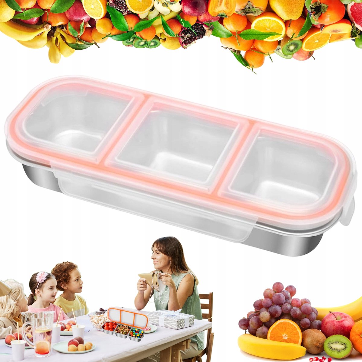 Bento Box 3 Vakken - Snackdoosjes - Lunchbox - BPA vrij - Broodtrommel - Fruitbakje School - 304 RVS - Lekvrij - 6 Punts Sluiting - 26x10x3,5 cm - Vaatwasbestendig - Lunchtrommel - Voor Lunch & Fruit & Snacks