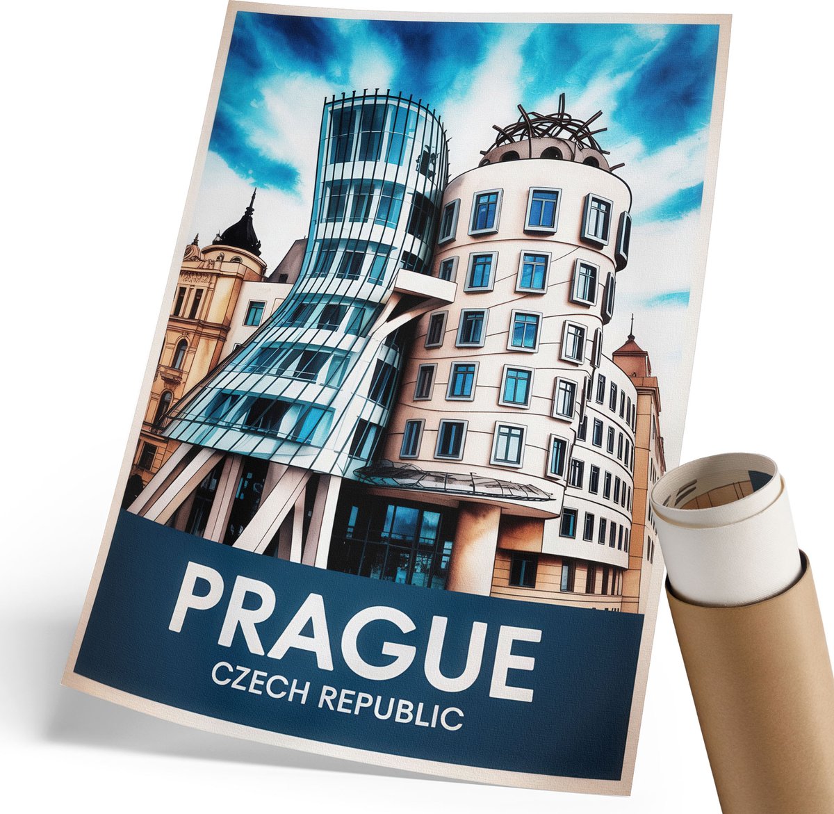 Coloray Polycanvas Wandposter - Architectuur Praag, Poster - 210 x 297 mm - Blauw Illustratie - Rechthoek - Canvasposter - Woonkamer, Slaapkamer, Kantoor - Modern