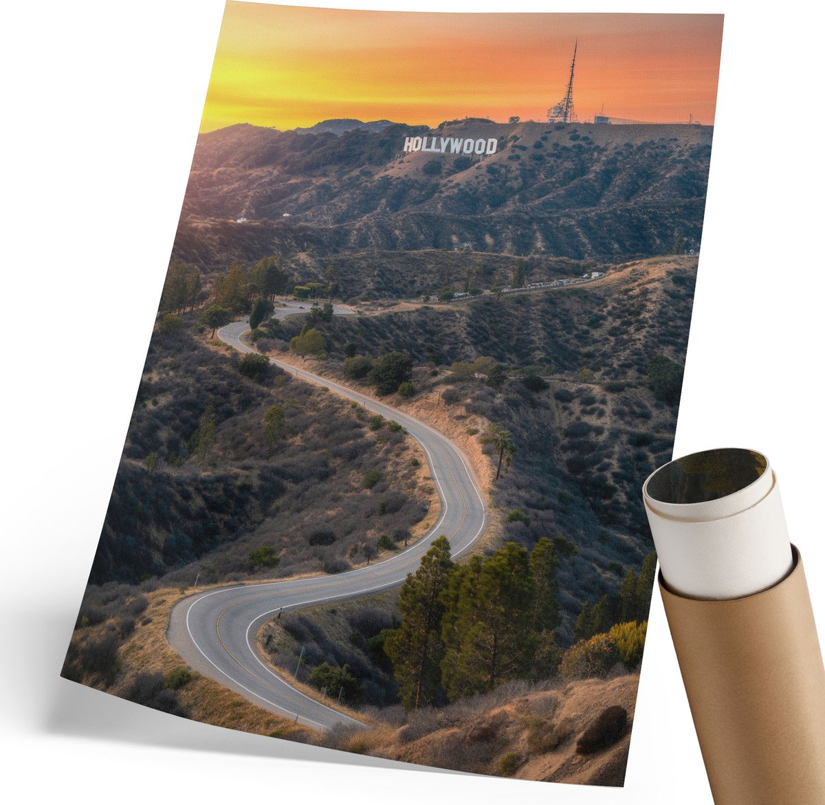 Coloray Polycanvas Wandposter - Hollywood-Landschap, Fotografie - 210 x 297 mm - Oranje Design - Rechthoek - Muurkunst - Woonkamer, Slaapkamer, Kantoor - Modern