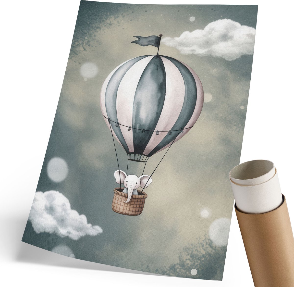 Coloray Polycanvas Wandposter - Olifant In Een Ballon, Illustratie - 210 x 297 mm - Grijs Illustratie - Rechthoek - Muurkunst - Woonkamer, Slaapkamer, Kantoor - Kinder