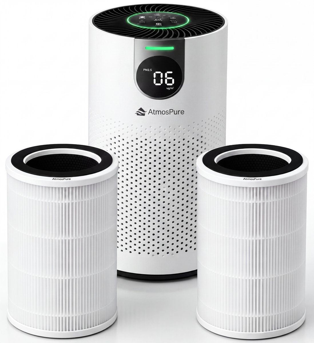 AtmosPure® CleanAir Luchtreiniger - Air Purifier met vervangbaar HEPA 13 Koolstof filter + Extra filter - CADR 250 m³/h - Wit - Voor 98 m² - Werkt tegen huisstofmijt, hooikoorts, allergie, -3 standen + stille slaapstand - Luchtkwaliteit Sensor