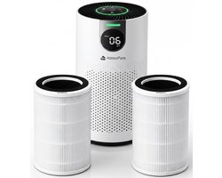 AtmosPure® CleanAir Luchtreiniger - Air Purifier met vervangbaar HEPA 13 Koolstof filter + Extra filter - CADR 250 m³/h - Wit - Voor 98 m² - Werkt tegen huisstofmijt, hooikoorts, allergie, -3 standen + stille slaapstand - Luchtkwaliteit Sensor