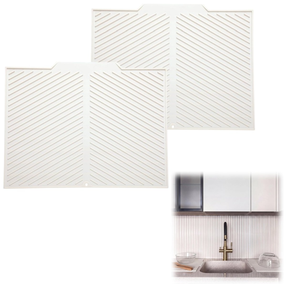 Set van 2 afdruipmatten – Snijplankmatten – Hittebestendige tafelmatten – Afwasmat – Placemats – Met geïntegreerde afvoertuit – Siliconenmateriaal – Voor aanrecht, gootsteen, keuken (42,5 x 33 cm – gebroken wit)