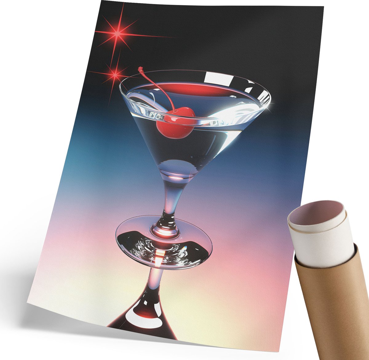 Coloray Canvas Poster Polycanvas - Kersencocktail, Illustratie - 210 x 297 mm - Zwart Decoratie - Rechthoek - Wandkunst - Woonkamer, Slaapkamer, Kantoor - Glamour