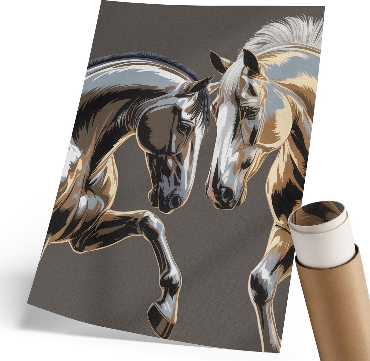 Coloray Polycanvas Wandposter - Twee Paarden, Illustratie - 210 x 297 mm - Grijs Decoratie - Rechthoek - Canvasposter - Woonkamer, Slaapkamer, Kantoor - Expressief