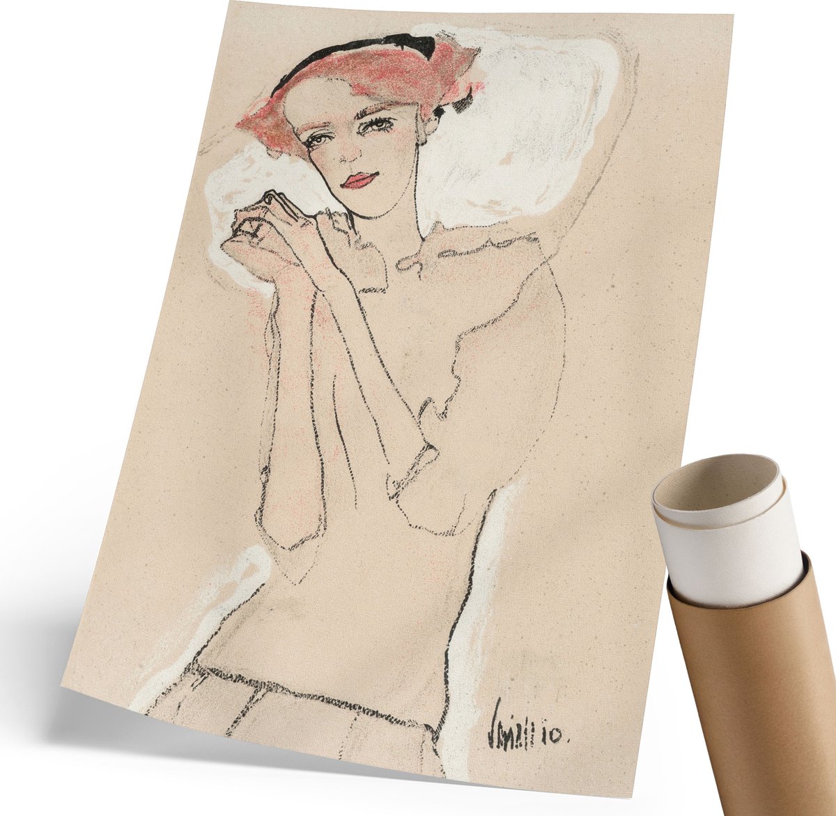Coloray Polycanvas Wandposter - Portret Van Een Vrouw I, Tekening - 210 x 297 mm - Beige Poster - Rechthoek - Interieurdecoratie - Woonkamer, Slaapkamer, Kantoor - Rustiek