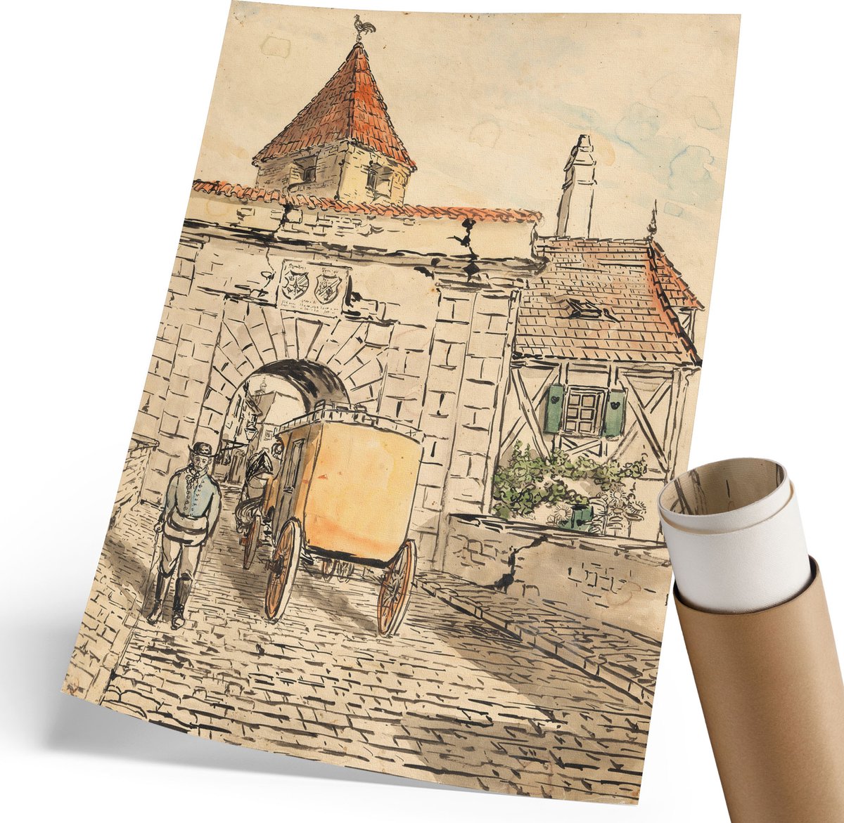 Coloray Polycanvas Poster - Stadspoort, Waterverf - 210 x 297 mm - Romig Design - Rechthoek - Kunstposter - Woonkamer, Slaapkamer, Kantoor - Rustiek