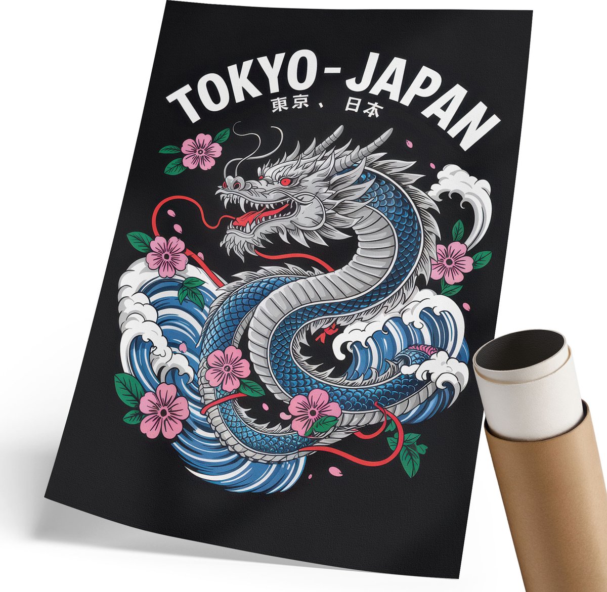 Coloray Polycanvas Poster - Japanse Draak, Illustratie - 210 x 297 mm - Zwart Wanddecoratie - Rechthoek - Kunstposter - Woonkamer, Slaapkamer, Kantoor - Japanse