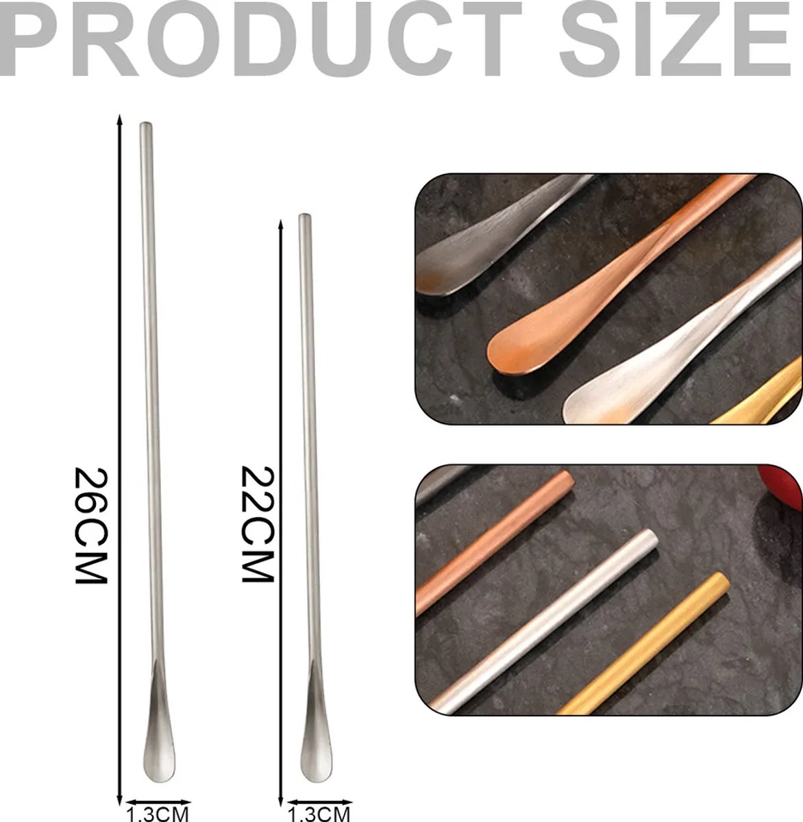 Koffielepel, koffieroerstaafje Geschikt voor lange steel (roestvrij staal), 4 cocktaillepels, theelepel Geschikt voor lange steel, zilver, 22 cm + 26 cm