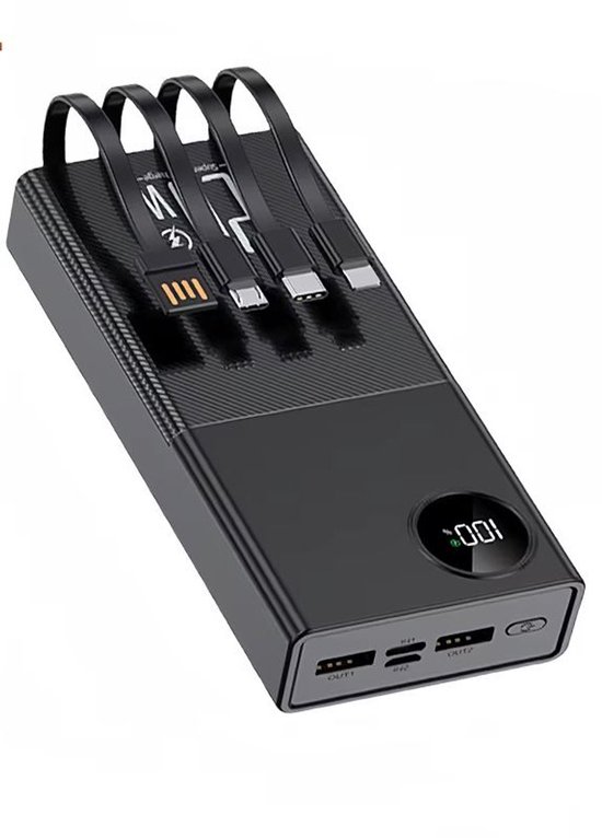 Zwarte powerbank met 4 ingebouwde kabels (USB, micro-USB, USB-C, Lightning) en digitaal display.