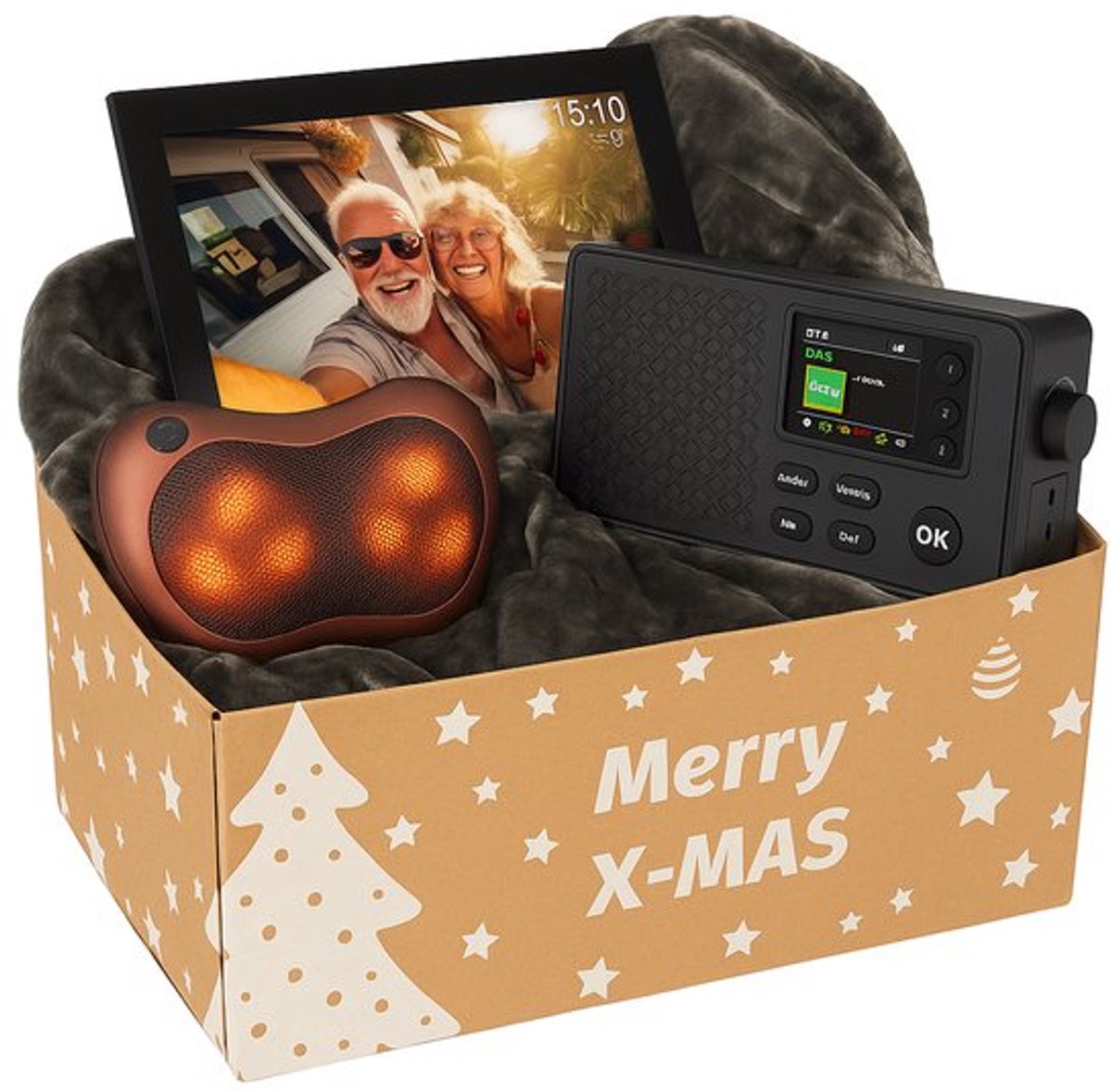 Fameilleur Luxe Cadeaupakket 2026/2027 – Origineel Non-food Kerstpakket voor Mannen en Vrouwen – Relatiegeschenk en Eindejaarsgeschenk voor iedereen- Met WiFi Digitale Fotolijst, DAB+ Bluetooth Wekkerradio, Massagekussen en Zachte Deken 160 × 200 cm
