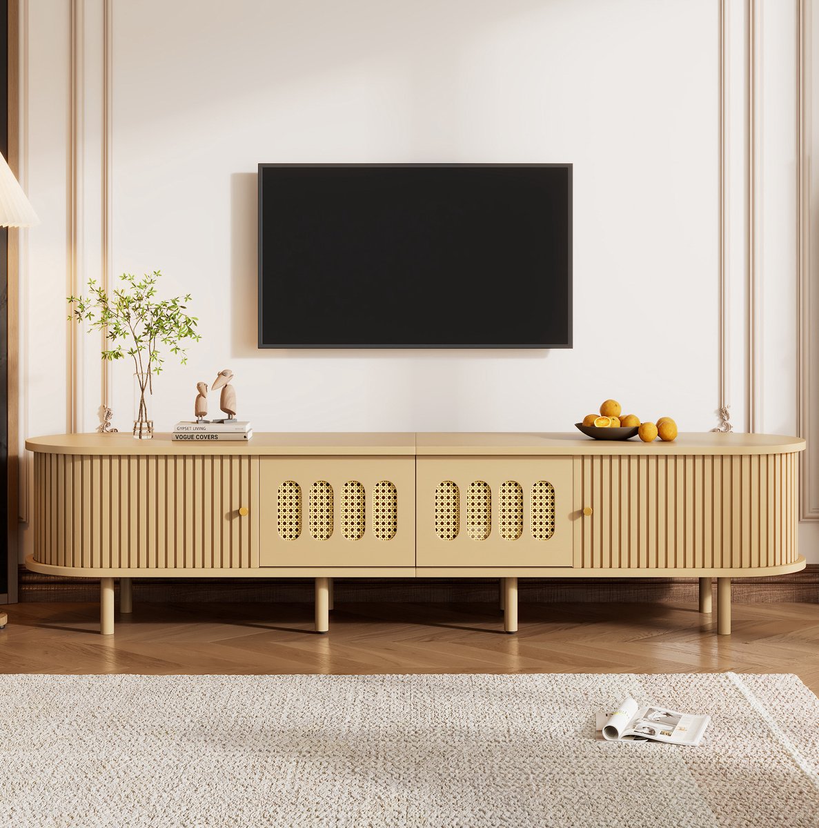 REDOM TV meubel - Rattan deurpanelen - Schuifdeuren en 8 steunpoten - Retro stijl - Woonkamer - MDF - Naturel - 180 x 40 x 40 cm Natural
