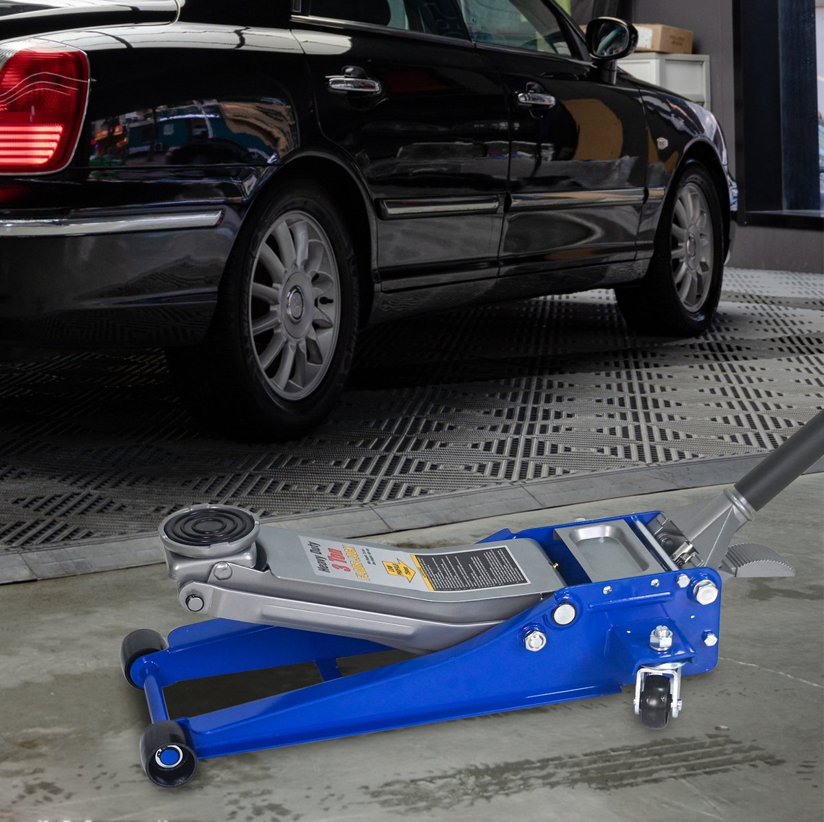 MODFU-Garagekrik-3 Ton-Dubbele Pomp-Voetpedaal-Laag Profiel-Blauw-Zilver