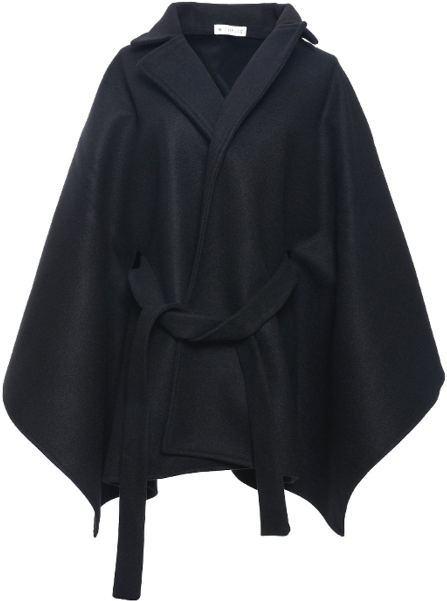 Dames Cape Jas met Reverskraag - Poncho Jas met Strikceintuur - Elegante Wintercape & Omslagdoek - Warme Dames Jas - Cadeau voor Vrouw - Zwart