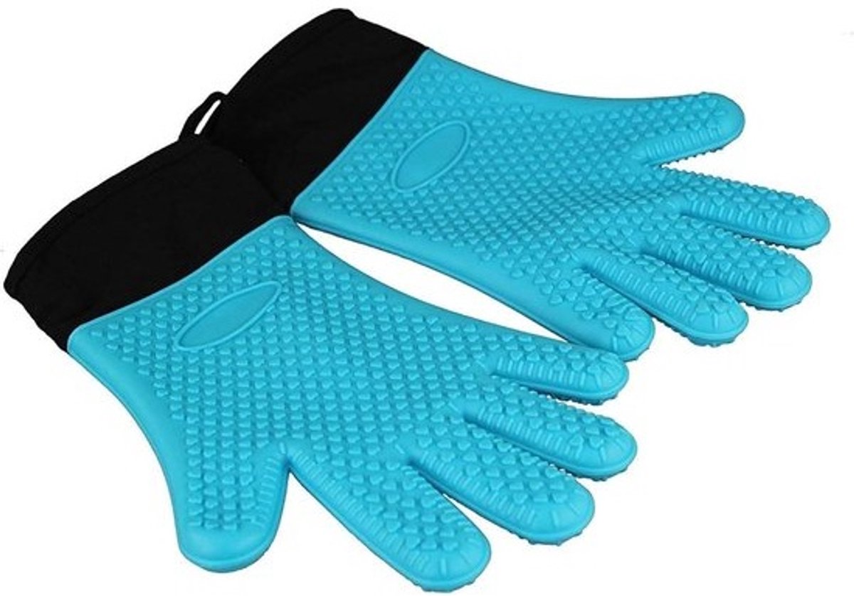 Extra Lange Siliconen Handschoenen - Ovenwanten Pannenlappen - Hitte Beschermen - Antislip Noppen - 33 x 21 cm - Blauw
