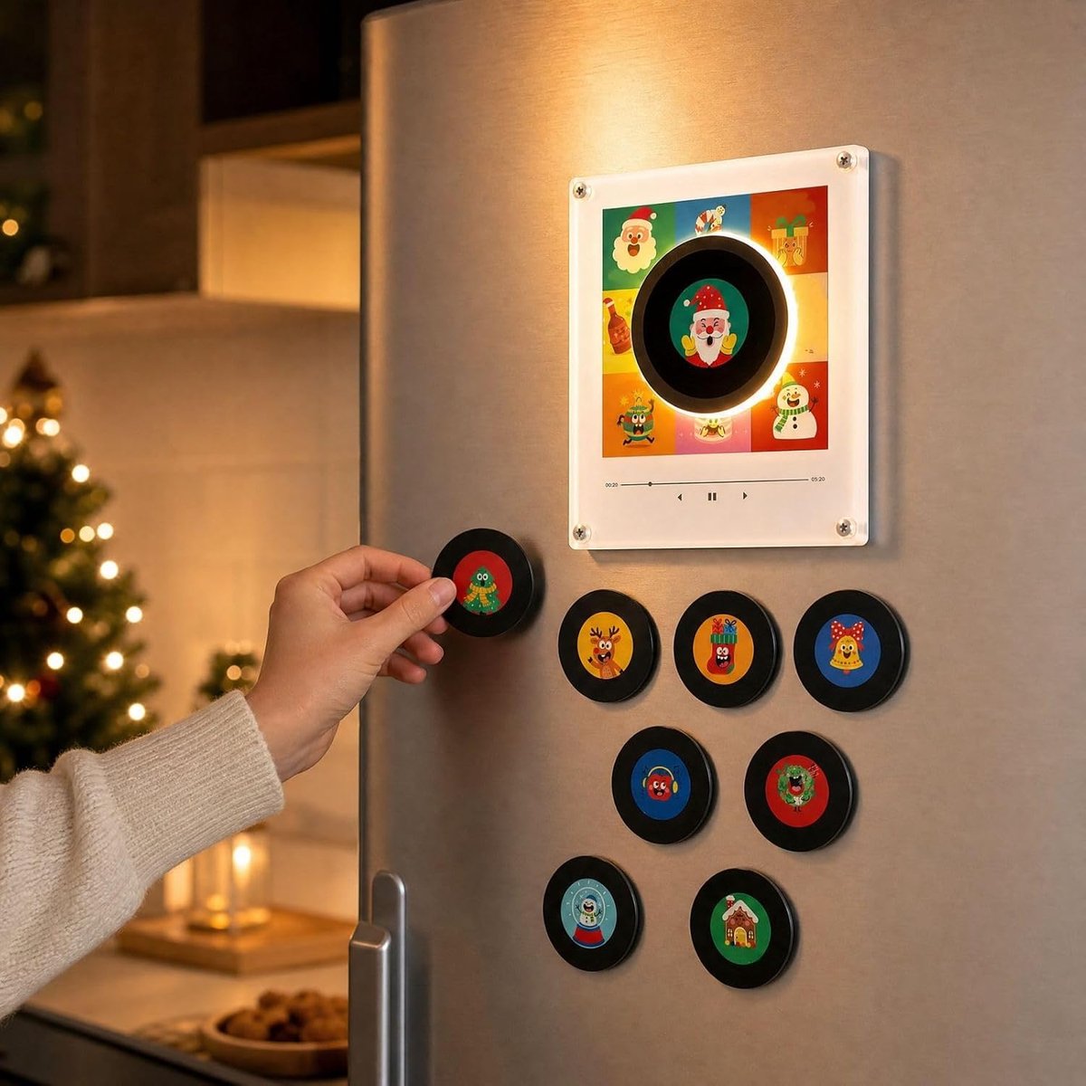 Kerst Vinyl Speler Koelkast Record - Met 9 NFC Mini Vinylplaten - Mini Magnetische Muziekdoos - USB-C Oplaadbaar - Sfeervolle Kerstdecoratie - voor Home Decor Muziekliefhebbers Gift