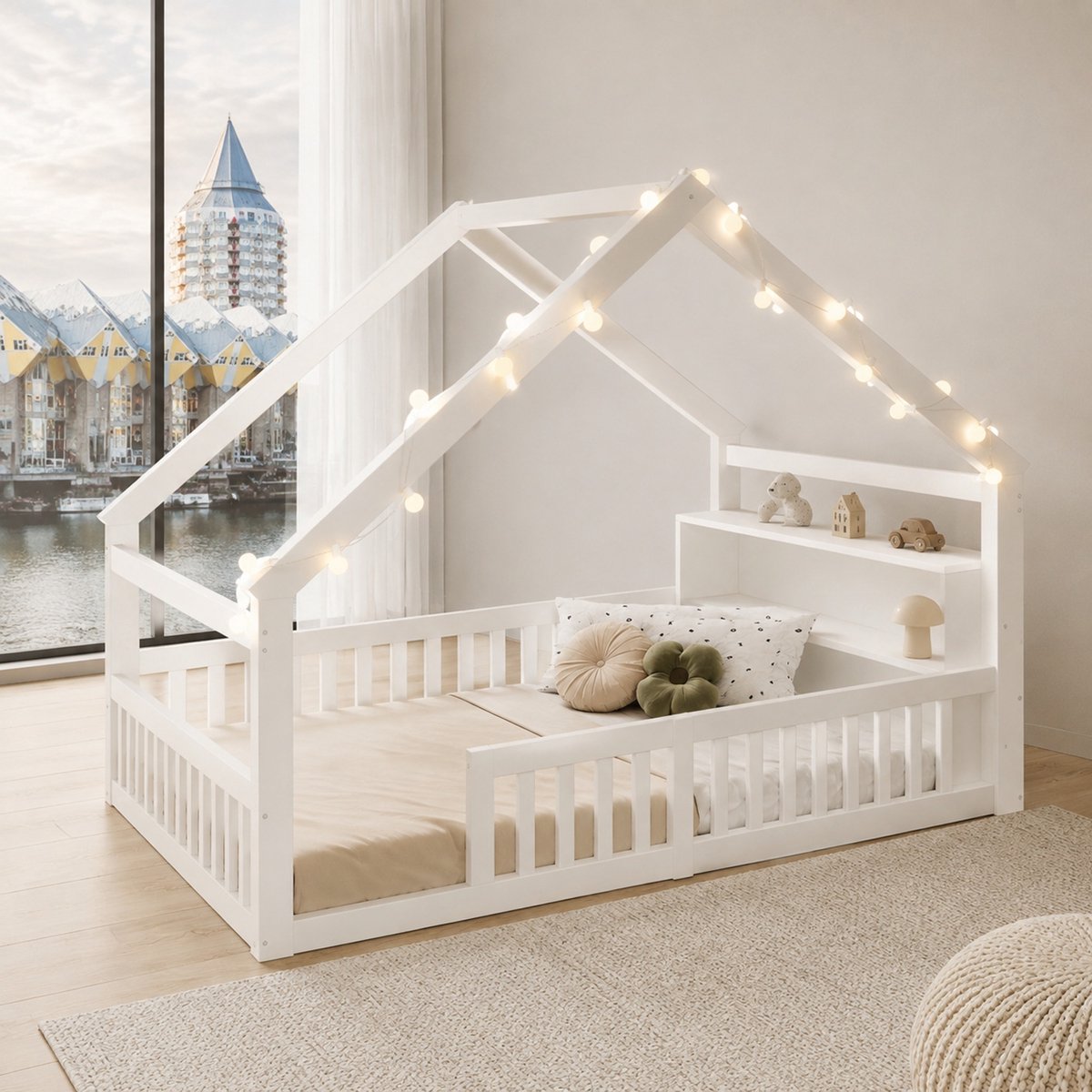 WUVRIE Huisbed 140x190 cm met opbergrekken, uitvalbeveiliging en verlichting, wit