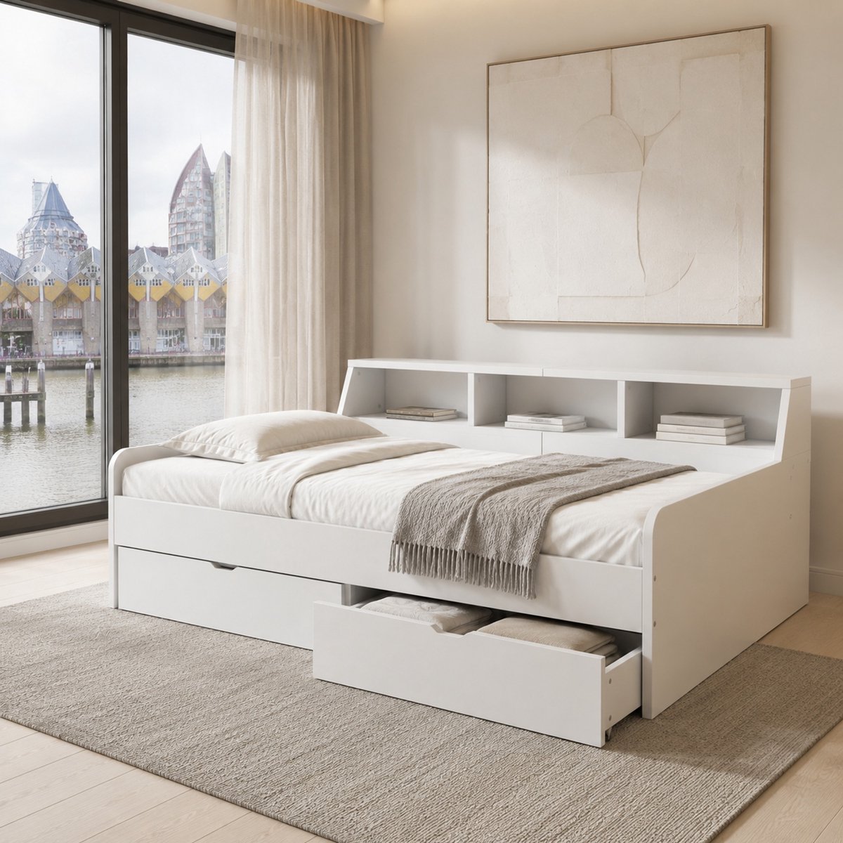 WUVRIE Bedbank 90x200 cm met lattenbodem, 2 lades en opbergruimte, wit