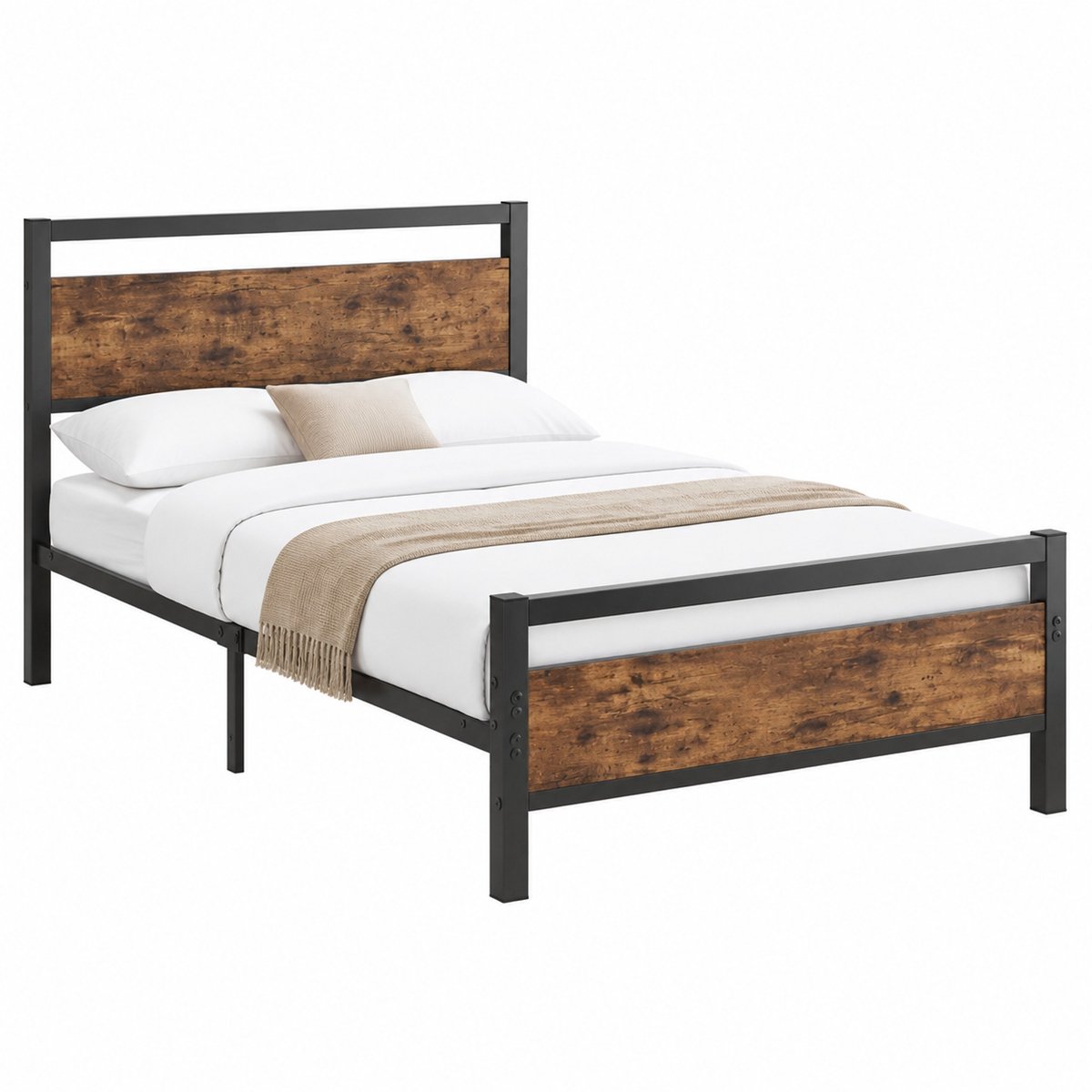 WUVRIE Bedframe 90x200 cm van metaal en MDF met lattenbodem en opbergruimte, zwart/bruin