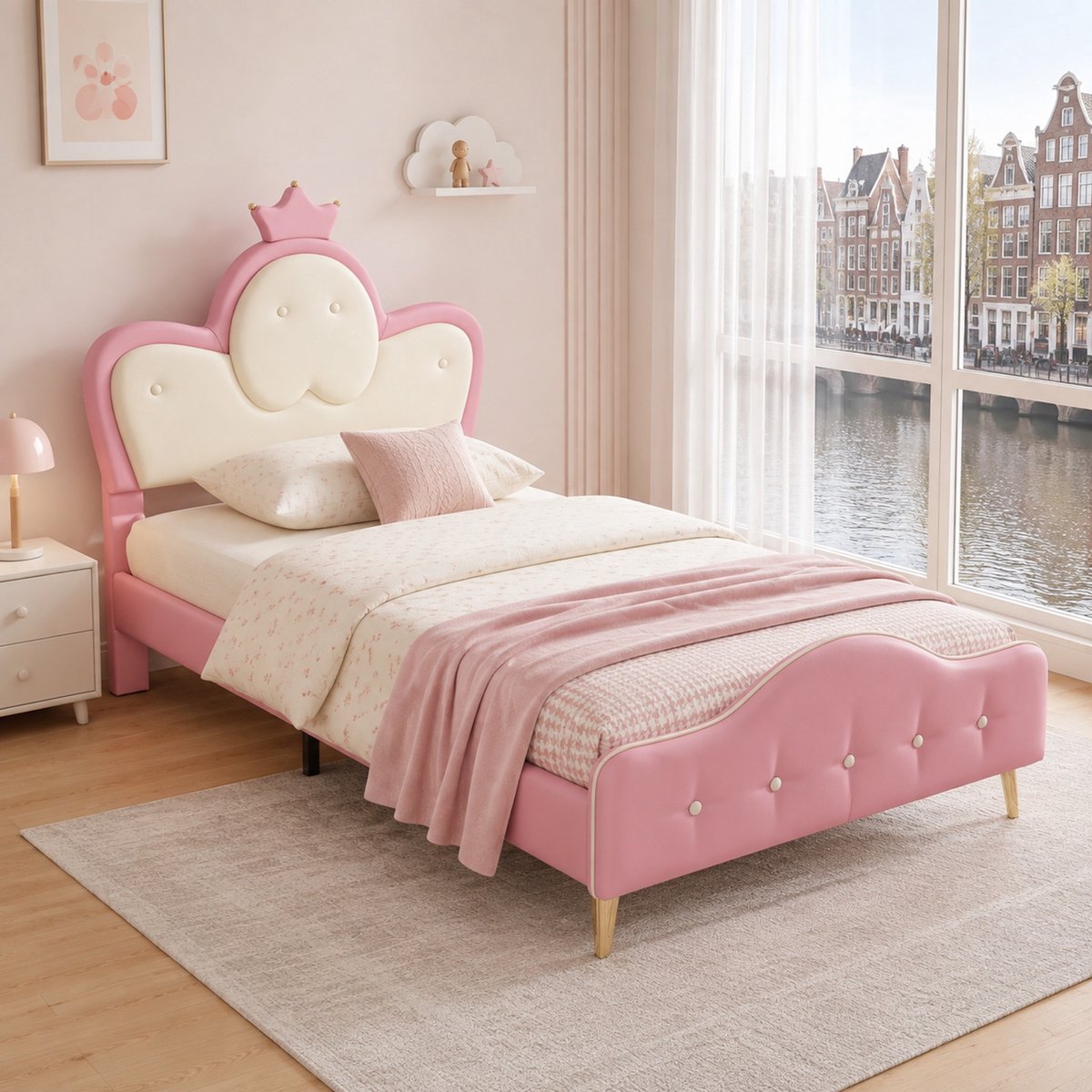 WUVRIE Kinderbed 90x200 cm met LED-verlichting, kroonhoofdbord en lattenbodem, roze/wit