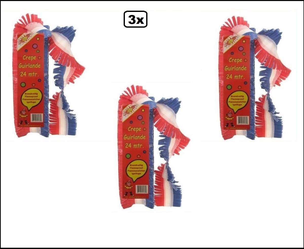 3x Crepe guirlande bedrukt rood/wit/blauw 24m brandveilig - Holland Nederland thema feest festival evenement party Koningsdag