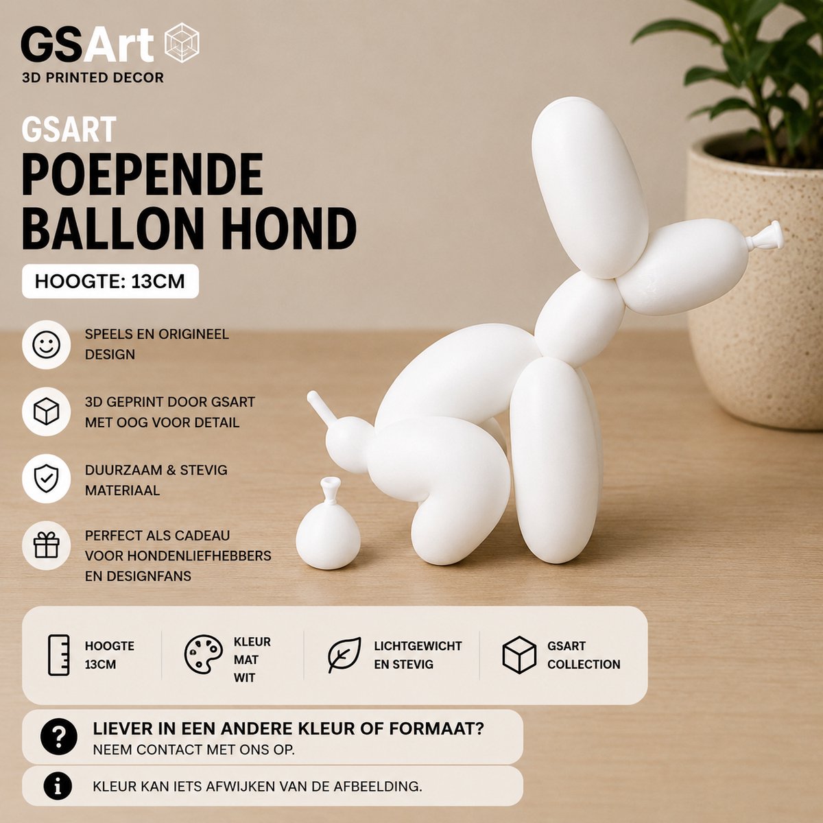 GSArt Decoratief Beeld Poepende Ballon Hond – Grappige Woondecoratie - 13cm Mat Wit
