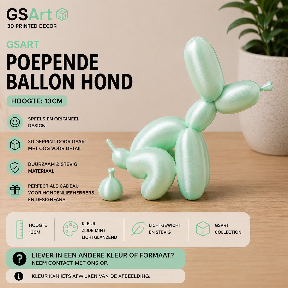 GSArt Decoratief Beeld Poepende Ballon Hond – Grappige Woondecoratie - 13cm Zijde Mint