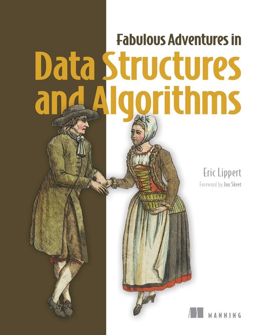 Boekcover met titel "Fabulous Adventures in Data Structures and Algorithms". Tekening van een man en vrouw in historische kledij.