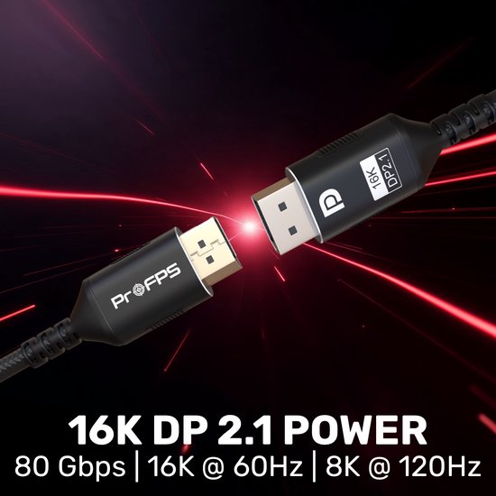Twee ProFPS DisplayPort 2.1 kabels met zwarte, gevlochten mantel en witte connectoren, die samenkomen tegen een achtergrond van rode lijnen.