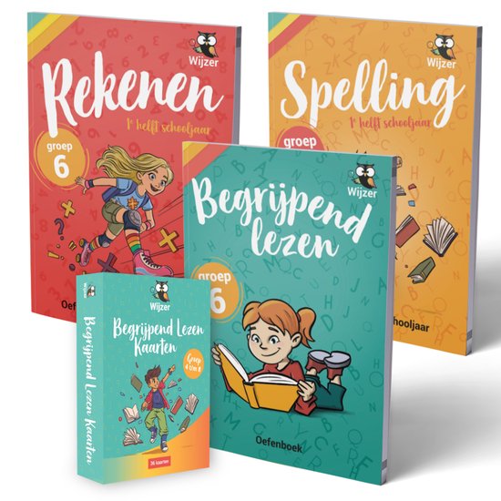 Set van 4 schoolboeken: Rekenen, Spelling, Begrijpend Lezen en een doosje kaarten voor groep 6.