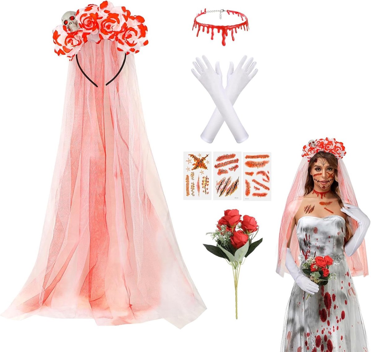 Halloween Dode Bruid Kostuum Accessoires voor Vrouwen - Zombie Bruid Sluiers, Bloemenkronen, Schoudertattoos en Rode Rozen Bouquet