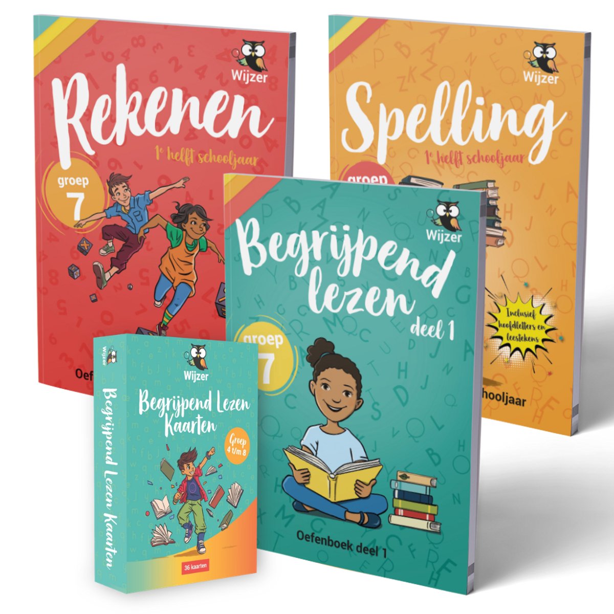 Set oefenboeken en kaarten voor groep 7: Rekenen, Spelling en Begrijpend Lezen.