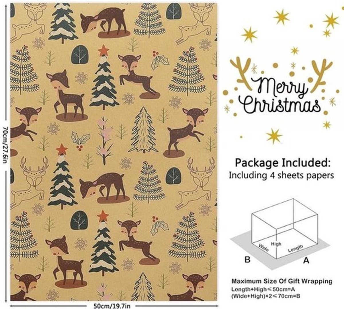 - Inpakpapier - Geschenkpapier set - 4 vellen - Bruin - Cadeaupapier - Voor feestelijke gelegenheden - 50,8 x 71 cm