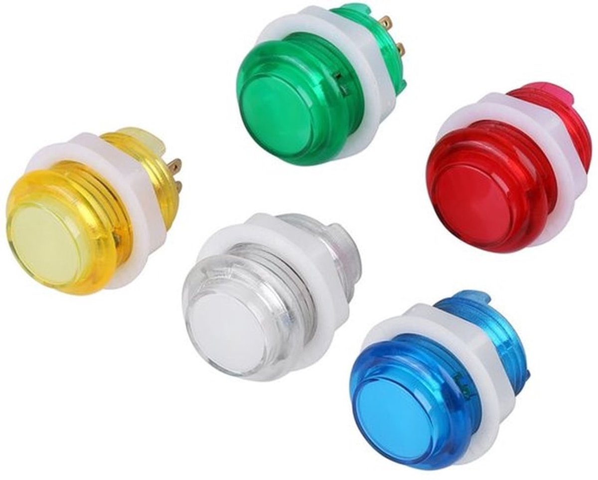 - LED-verlichte Drukknoppen - 5 Stuks - Transparante Behuizing - Rood Geel Blauw Groen Wit - Spelconsoles - 24mm