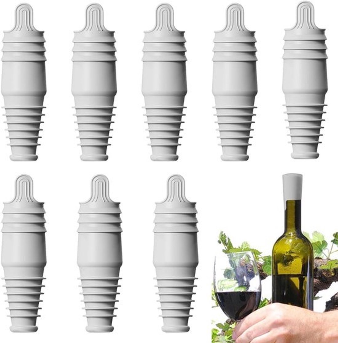Flessenkurken - Herbruikbare dop - Dranken bewaren - Optimale afdichting - 8 stuks - Grijs