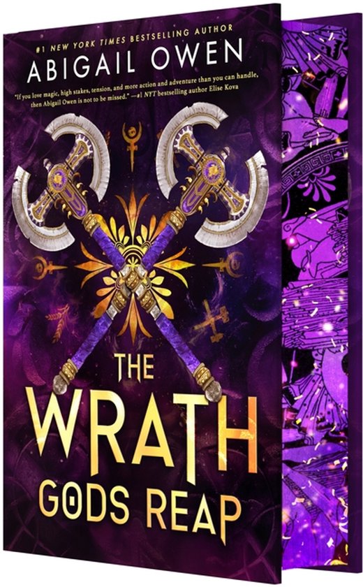 Couverture du livre 'The Wrath Gods Reap' avec deux haches dorées croisées aux accents violets et le titre en or.
