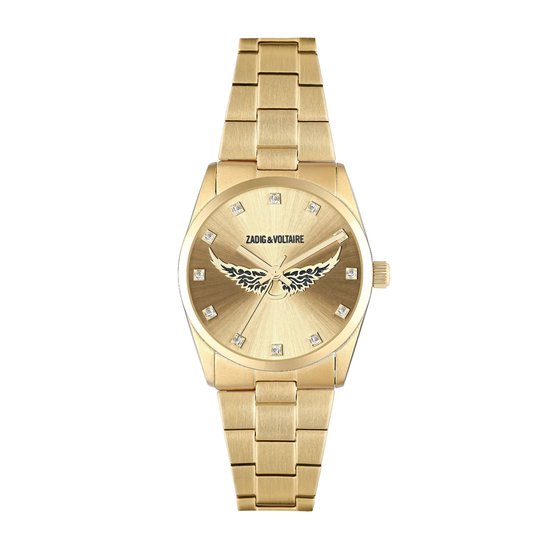 Montre Zadig & Voltaire dorée avec cadran soleillé, détail d'ailes et dix zircons.