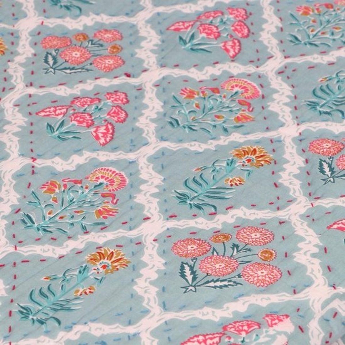Bloemen Sprei - Dekbed Deken - Bed Opdekken - Bedrukt Kantha Werk - 90x108 Inch - Veelkleurig
