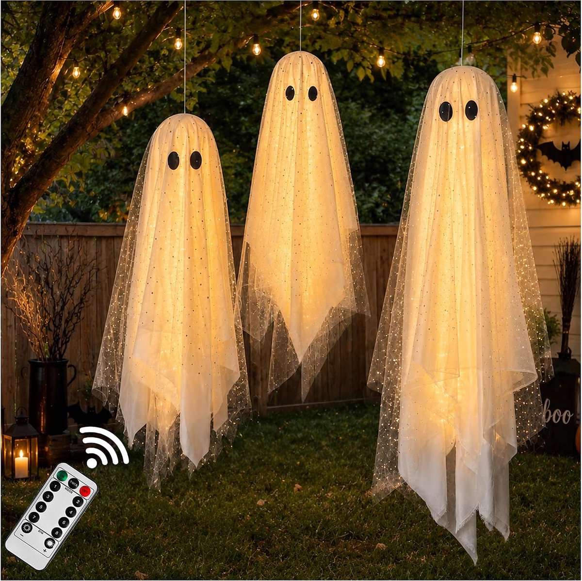 Halloween Decoraties ‑ 3 Stuks Hangende Geestdecoratie met Verlichting - Halloween Ornamenten - Halloween Decor voor Veranda, Boom, Tuin, Raam en Tuin - 109cm