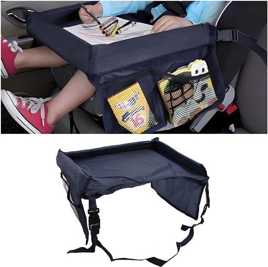 Premium Reistafel Voor Auto - Kinderreistafel - Opvouwbaar - met vakken - Autotafel - Autospeltafel - Opbergbox voor kinderen in de auto - Geschikt voor vliegtuigen, kinderautostoeltjes en kinderstoelen - Donkerblauw