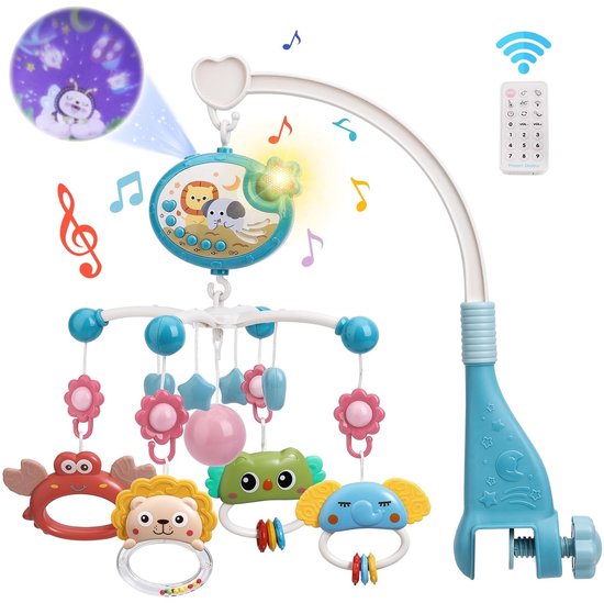 Blauwe baby-mobiel met sterrenprojector, afstandsbediening, leeuw, olifant, krab, uil en bloemen.